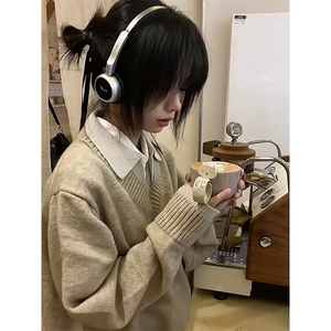 重磅北极绒假两件衬衫领毛衣美式高街复古休闲慵懒纯色翻领针织衫