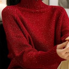亮丝金豆纱羊绒衫女软糯保暖慵懒毛衣套头2025秋冬高领针织羊毛衫，女装羊毛衫，唯若美羊绒
