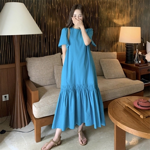 洋气显白度假风短袖连衣裙女2025夏新款韩系ins风宽松中长款裙子图片