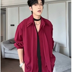 真假两件拼接红色衬衫男款痞帅高级感小众男装垫肩长袖衬衣外套，男装衬衫，星座506A