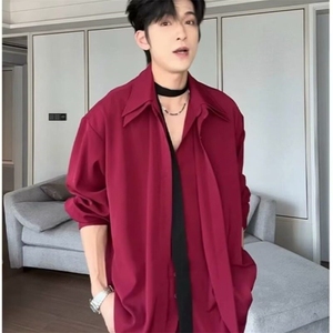 真假两件拼接红色衬衫男款痞帅高级感小众男装垫肩长袖衬衣外套图片
