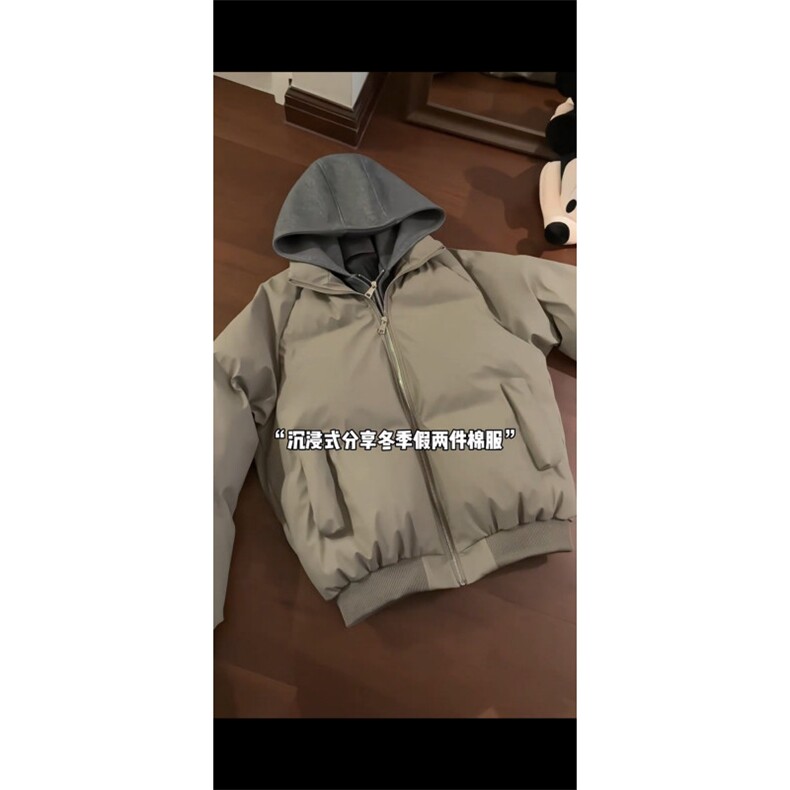 网图【假两件】冬季连帽PU皮双拉链加厚棉服男宽松保,男装棉衣,星座307A