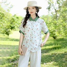 2025夏装新款温柔时尚显瘦复古撞色苎麻碎花衬衫直筒裤女，女装衬衫，凝聚力