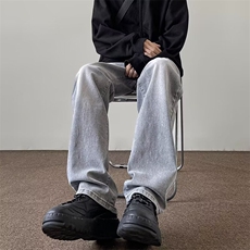 美式复古水泥灰色牛仔裤男2026新款春夏直筒微喇裤子高街潮流痞帅，男装牛仔裤，星座601-2