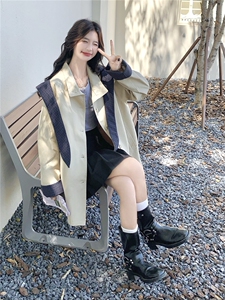盐甜系格纹拼接连帽风衣外套女2025秋季新款学院风宽松小个子大衣图片