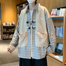 假两件外套男春秋韩版宽松夹克百搭港风ins情侣格子衬衫W3504-P55，男装夹克，星座512-2