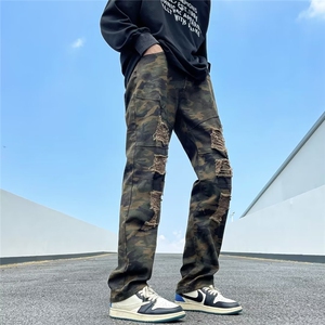 复古水洗做旧迷彩毛边牛仔裤男士痞帅ins潮直筒破洞微喇CK997-P53图片