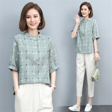 格子棉麻衬衫女夏新款宽松大码休闲短袖妈妈T恤洋气减龄亚麻上衣，女装衬衫，涵誉