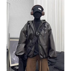 胸口刺绣logo春季常规皮夹克连帽短拉链双开皮衣J2507-P90，男装夹克，星座1213