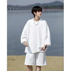 8XL-M高级感纹理短袖套装男夏季慵懒风T恤短裤两件套TZ108P78，男装T恤，电商D206-1