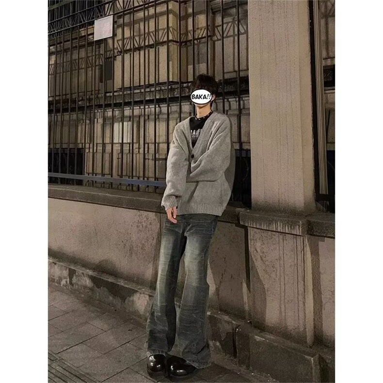 灰色慵懒风V领开衫毛衣男cleanfit美式高级感痞帅针织衫外套秋冬,男装针织衫/毛衣,星座506A