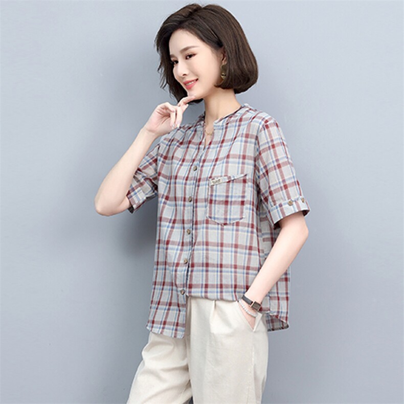 2022年夏季新款短袖衬衣格子衬衫女时尚韩版上衣潮,女装衬衫,忆绮罗