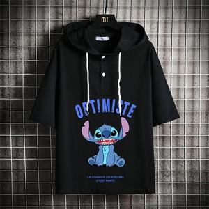 LD54220-P45 连帽短袖t恤男大码胖子带帽五分袖中袖 网格挂拍图片