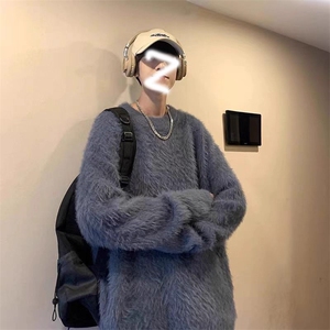 日系重磅马海毛毛衣慵懒高级感男生秋冬外套加厚圆领针织衫上衣图片
