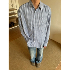 CSD88LL-P48美式复古蓝白格子衬衫男设计感小众长袖衬衣，男装衬衫，星座1007（原301D）