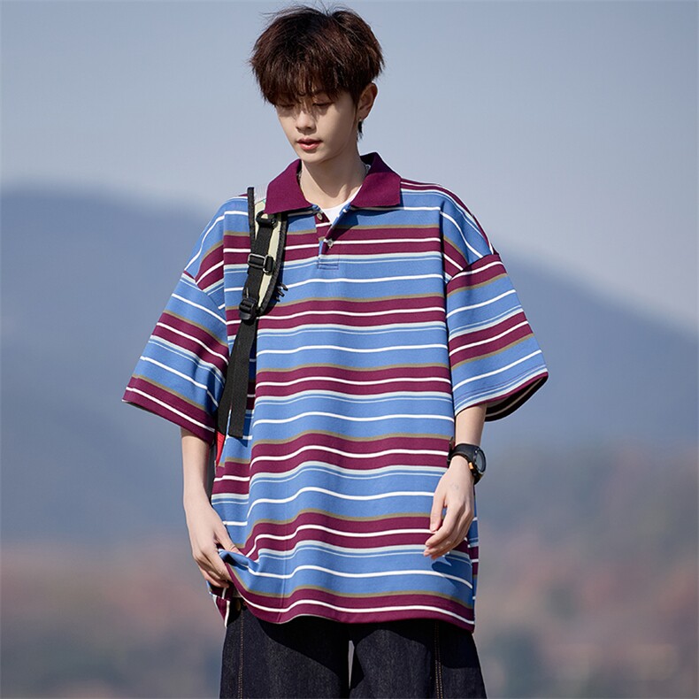 美式复古条纹Polo衫翻领短袖T恤百搭男士上衣225-2-8802-P45-控65,男装T恤,星座225-2