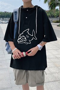 LD54041-P45 连帽短袖t恤男大码胖子带帽五分袖中袖图片
