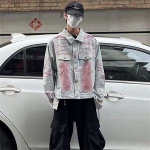 美式高街网红做旧水洗翻领牛仔夹克秋季新款复古潮牌上衣外套男图片