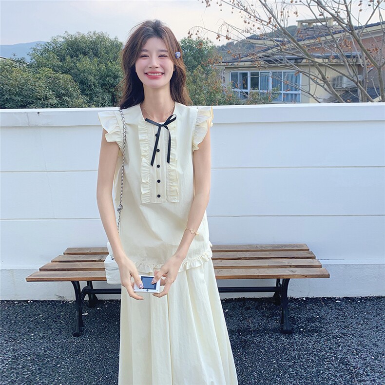 甜美减龄白色套装裙女2025夏季新款木耳边无袖上衣半身裙两件套潮,女装套装/套裙,2C093