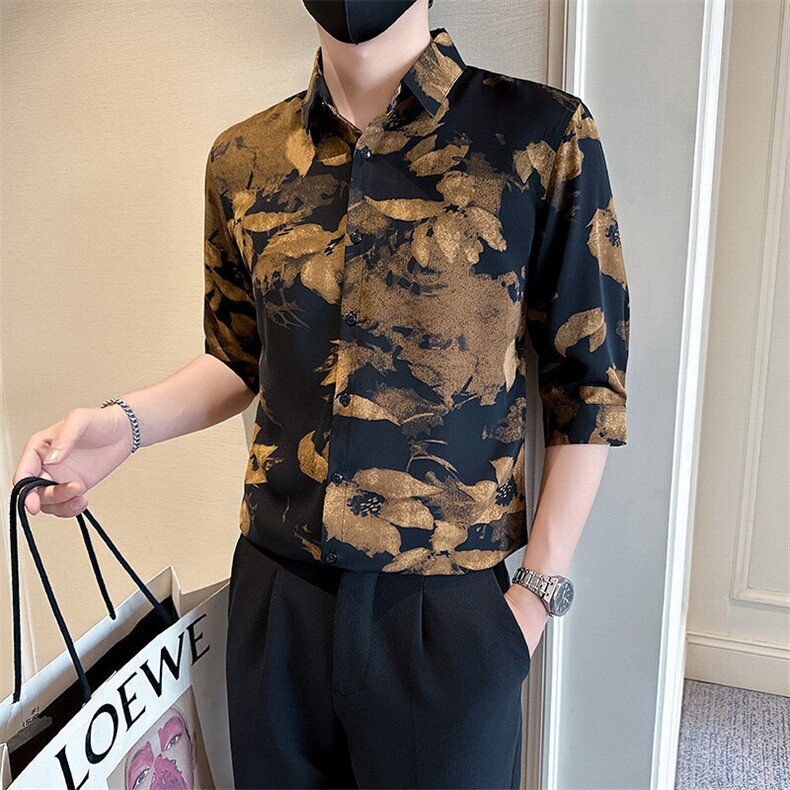 店主风社会小伙男士七分袖印花衬衫男衬衣301A-1/CS585/P55,男装衬衫,星座301A-1