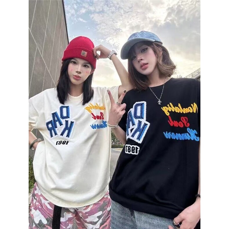 美式潮潮流刺绣植绒短袖男女高街情侣时尚百搭宽松t恤TX1023,男装T恤,星座208-5