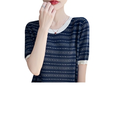夏季新款天丝拼色条纹圆领短袖女宽松百搭显瘦时尚休闲上衣，女装针织衫/毛衣，暖娇绒