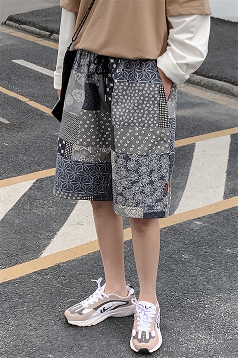 【】A003-HK7152-P40夏装新款补丁接拼碎花短裤港风女模1,男装休闲裤,电商A003