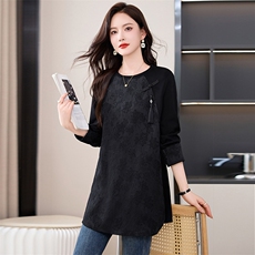 九月陌墨新中式国风提花圆领长袖t恤女春秋新款衬衣气质衬衫上衣，女装卫衣/绒衫，衣之秀