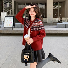 复古毛衣外套春秋新款洋气费尔岛提花针织开衫女宽松，女装针织衫/毛衣，水衣源