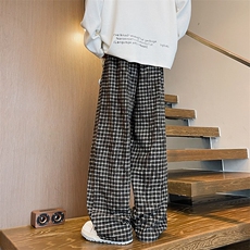 8XL-M送徽章扣!美式复古格子裤宽松垂感阔腿休闲松紧K9104P58控78，男装休闲裤，电商D206-1