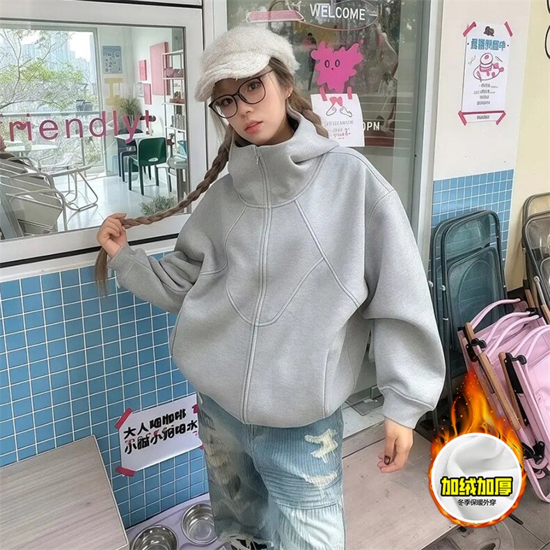 480G重磅加绒硬挺boxy男女秋冬美式高街结构高领卫衣开衫厚外套，女装短外套，电商A486-1