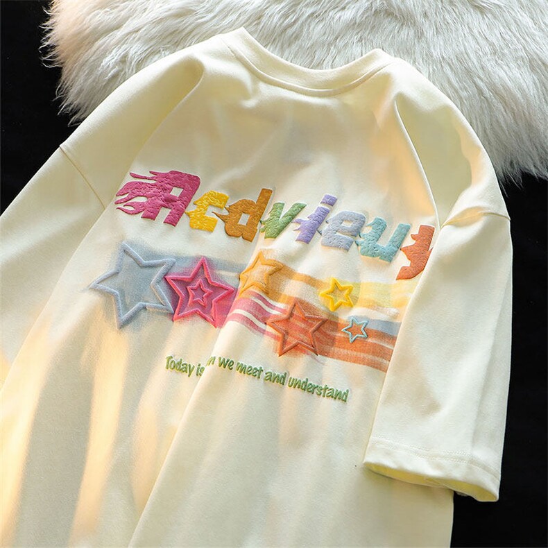 短袖t恤女男原宿风慵懒风设计感夏季宽松显瘦学生百搭bf情侣上衣，女装T恤，星座310B-1