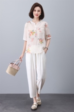 薄款棉麻休闲套装女夏季2025新款中年妈妈时尚洋气亚麻衬衫两件套，女装套装/套裙，凝聚力