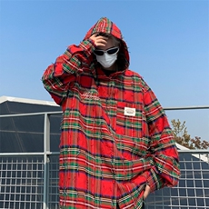 复古红色格子衬衫男女秋季宽松做旧磨毛连帽长袖衬衫外套C36/P55，男装衬衫，星座506
