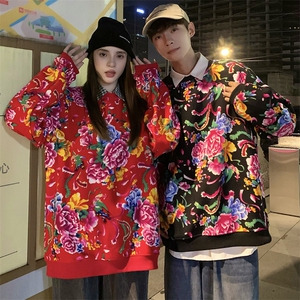 B203情侣圆领长袖卫衣外套男女学生班服团队服大码风东北花衣图片