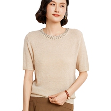 时尚气质简约百搭7G天丝领子带钻短袖羊毛衫女秋冬新款，女装羊绒衫，臻维羊绒