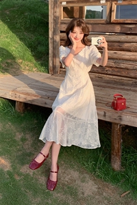 欧货蕾丝拼接V领天丝连衣裙女夏2025年新款时尚百搭收腰刺绣A字裙图片