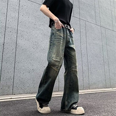 潮牌破洞牛仔裤男美式高街设计感小众宽松直筒长裤RK2818-P50，男装牛仔裤，星座412-3