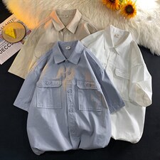 2024夏季纯色短袖情侣男女衬衫学生潮流E301P55限78，男装衬衫，电商A089-1