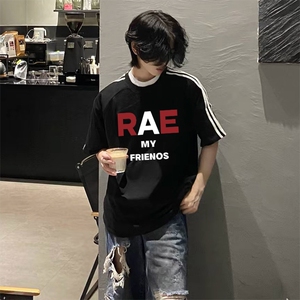 抖音得物高品质二开240克宽松纯棉美式潮牌三条杠织带短袖T恤图片