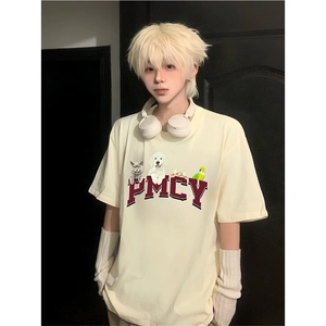 抖音得物供货210克现货宽松纯棉美式潮牌印花落肩袖纯棉T恤AT2156图片