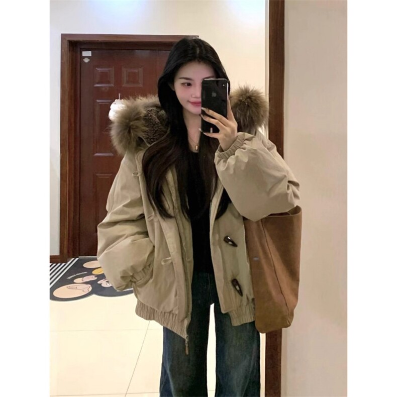 毛领牛角扣羽绒服女2025新款美式复古保暖棉衣外套加厚工装派克服,男装羽绒服,星座506A
