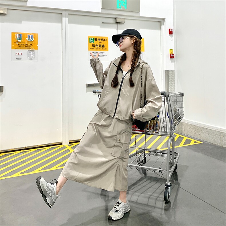 韩系慵懒风工装冲锋衣套装裙女春秋两件套学院风减龄盐系炸街小众,女装套装/套裙,纯色衣恋