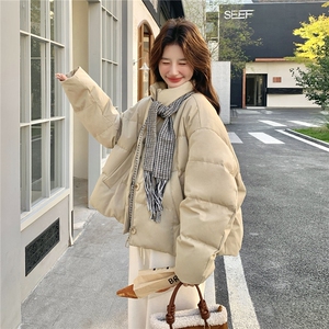 卡其色立领格纹拼接短款羽绒服女冬高级感设计感面包服外套图片