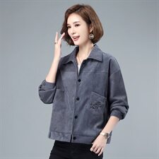 灯芯绒短外套女2021秋冬新款加厚单排扣翻领长袖纯色上衣通勤，女装短外套，伊满意