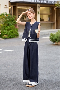 气质蕾丝花边牛仔马甲阔腿裤两件套女2025夏季新款超火穿搭一整套图片