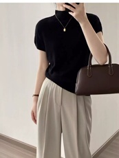 夏季简约百搭休闲纯色半高领短袖，女装T恤，百纯羊绒