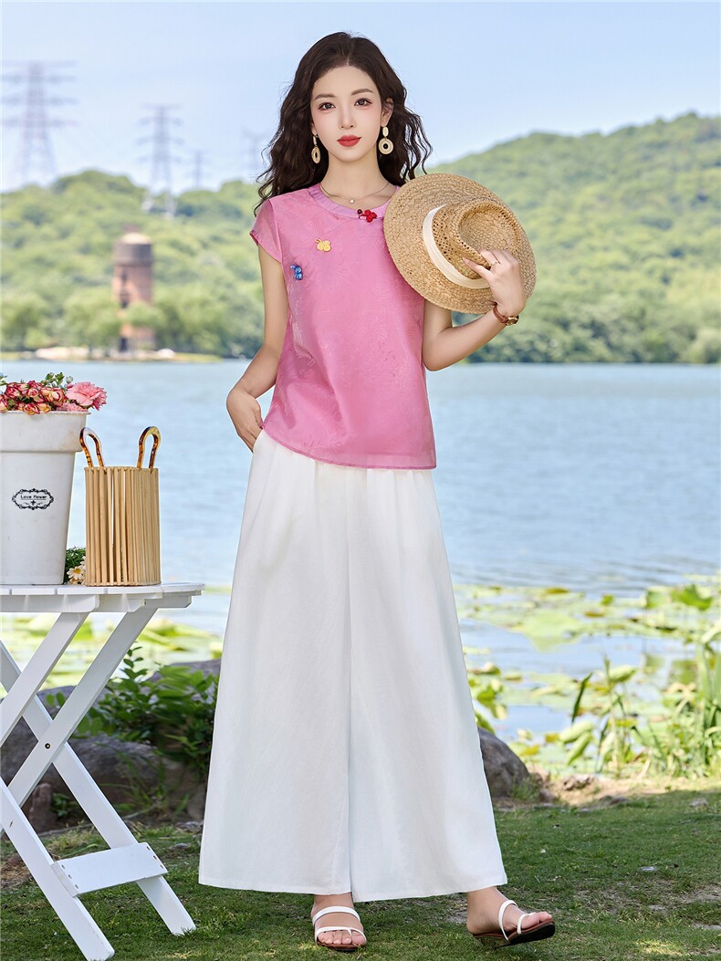 现货2026年夏季新中式上衣麻料阔腿裤子，可分开卖,女装套装/套裙,伊仟回