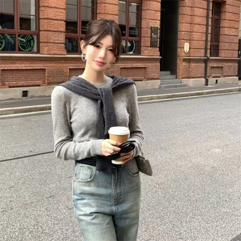 百搭短款圆领长袖圆领纯色羊毛,女装羊毛衫,旭驰羊绒