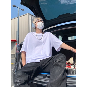 不规则领口短袖T恤男纯色夏季美式半袖体恤T3648-特价P25图片